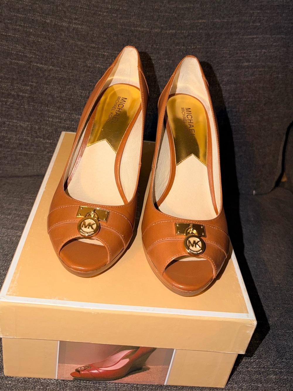 MICHAEL Michael Kors Tan Brown Leather Peep-Toe Heels with Gold MK Charm